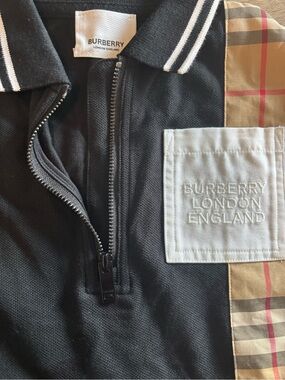 Burberry Black Polo Zip Shirt with Beige Check Panel and White Patch
